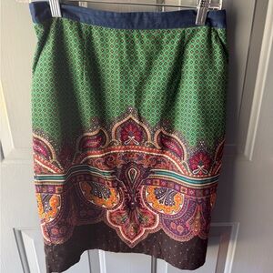 Anthropologie Green Paisley-Trim Pencil Skirt
